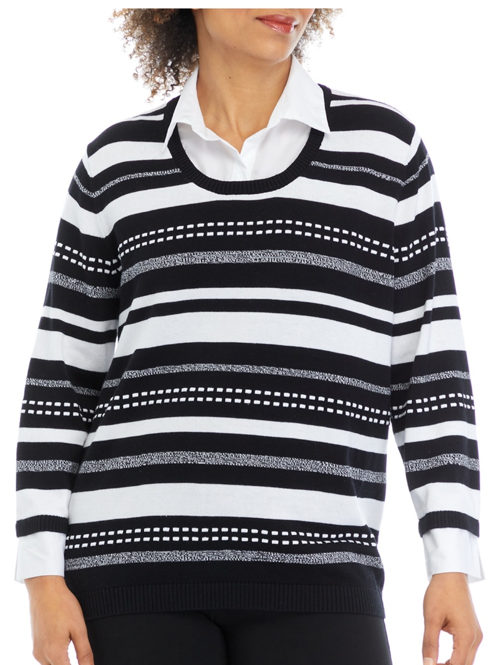 Alfred Dunner Women's Black & White Striped TwoFer Sweater
